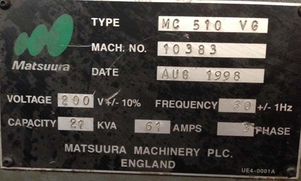 Matsuura MC510VG CNC Vertical Mill CNC Machining Center for sale