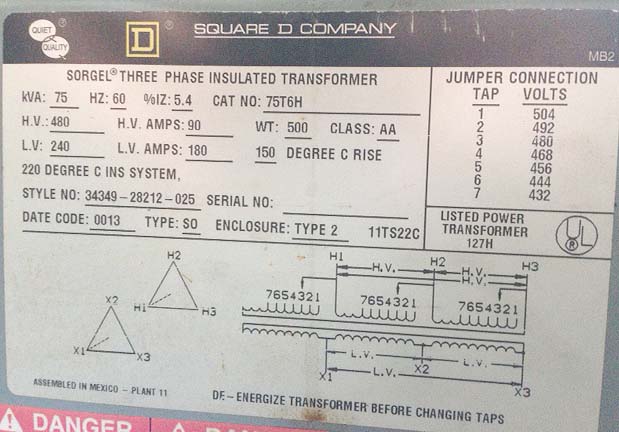 75 KVA Square D  Transformer Model 75T6H 75 KVA Multi Tap Transformer 480 Volt Input 240 V Output  for sale