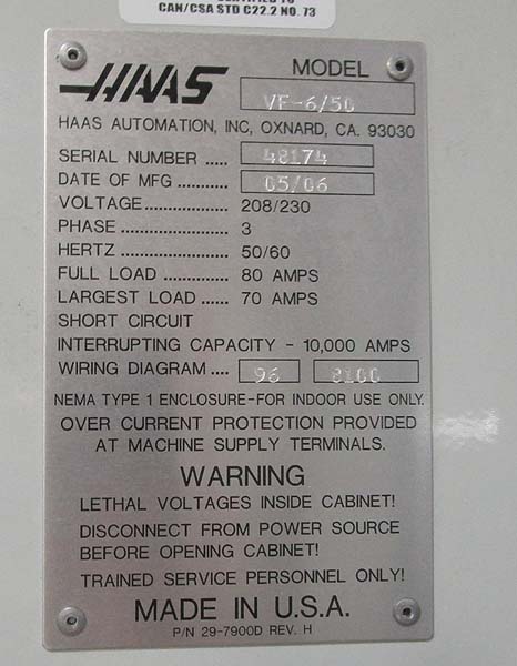 Haas VF-6/50 50 Taper Haas CNC Vertical Machining Center with Side Mount Tool Changer for sale