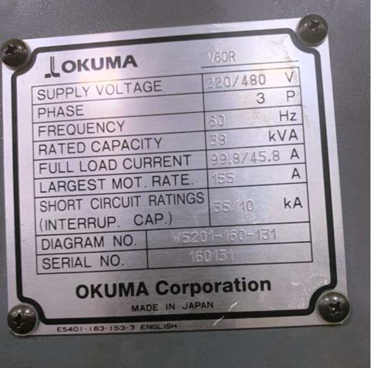 Okuma V60R, Okuma Howa V60R, Live Tool Vertical Turning Center