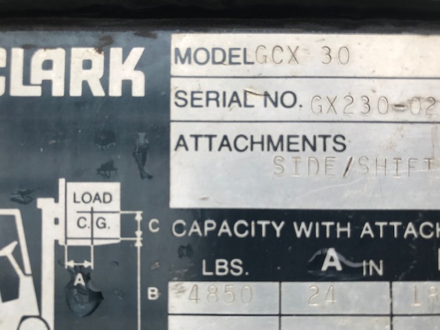 Clark GCX30 5000 LB Fork Lift, Clark Fork Truck with Side Shift, 5000 LB Fork Lift