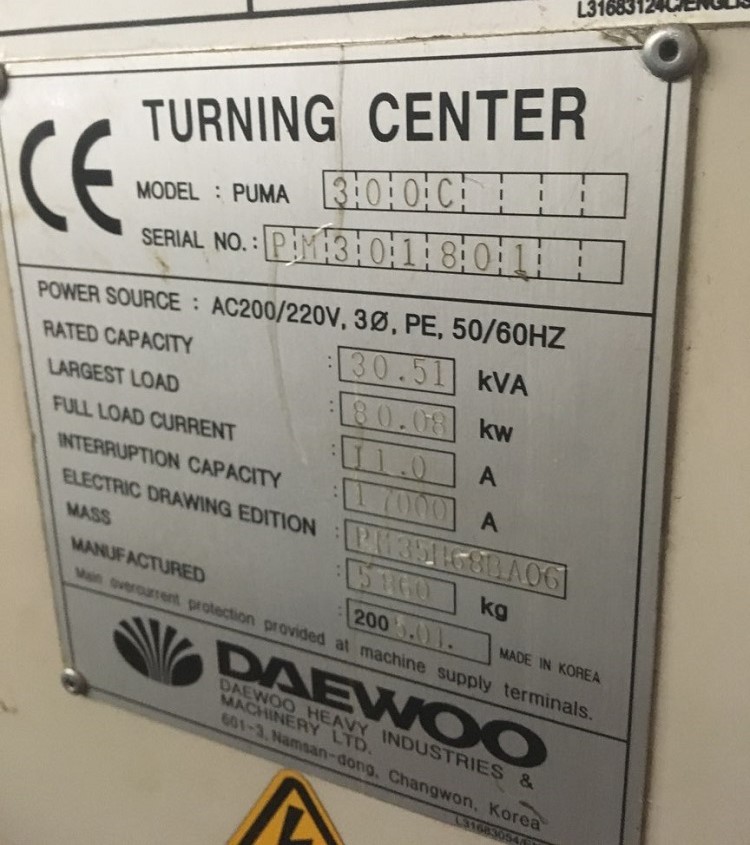 Used Daewoo/Doosan Puma 300C CNC Turning Center For Sale, Used Doosan CNC Lathe For Sale