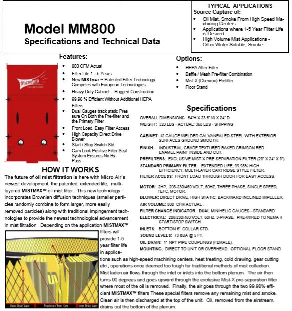 New Micro Air MM800 Oil Mist Collector For Sale, Like New 800CFM Oil Mist Collector For Sale