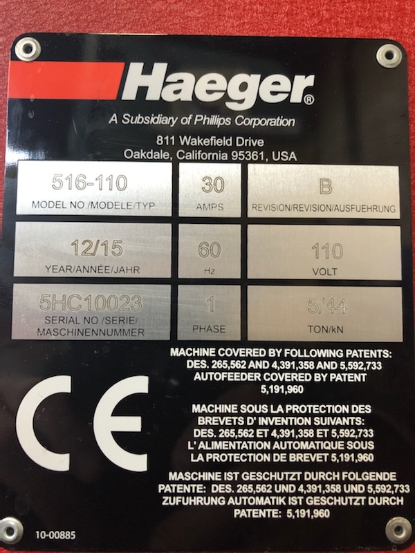Used Haeger 516-110 Hardware Insertion Machine For Sale